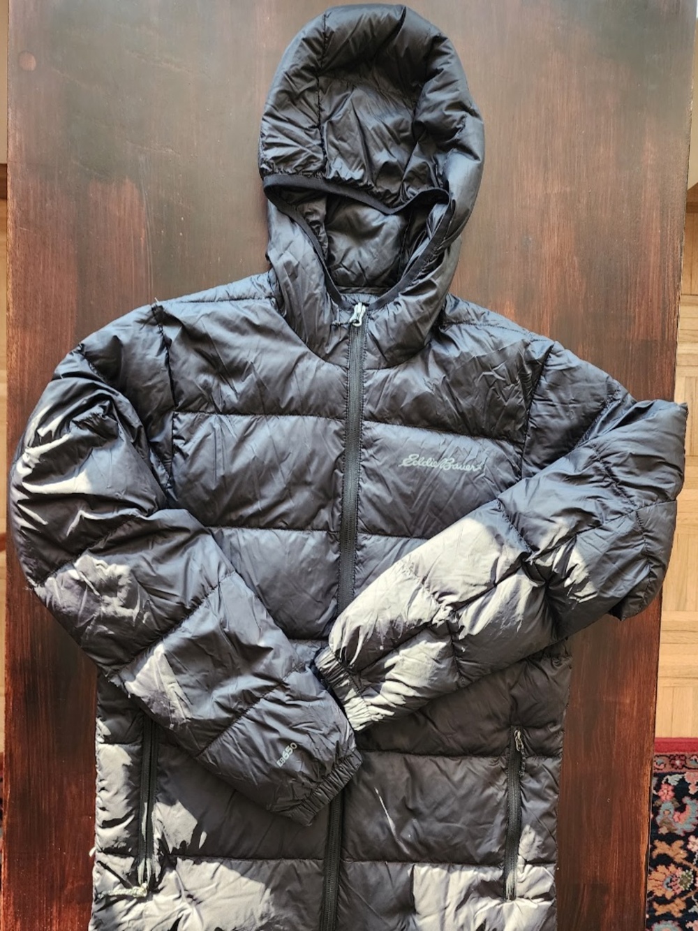 Eddie Bauer EB650 Down Puffer Jacket Mens Small Black Hooded Lightweight Coat
